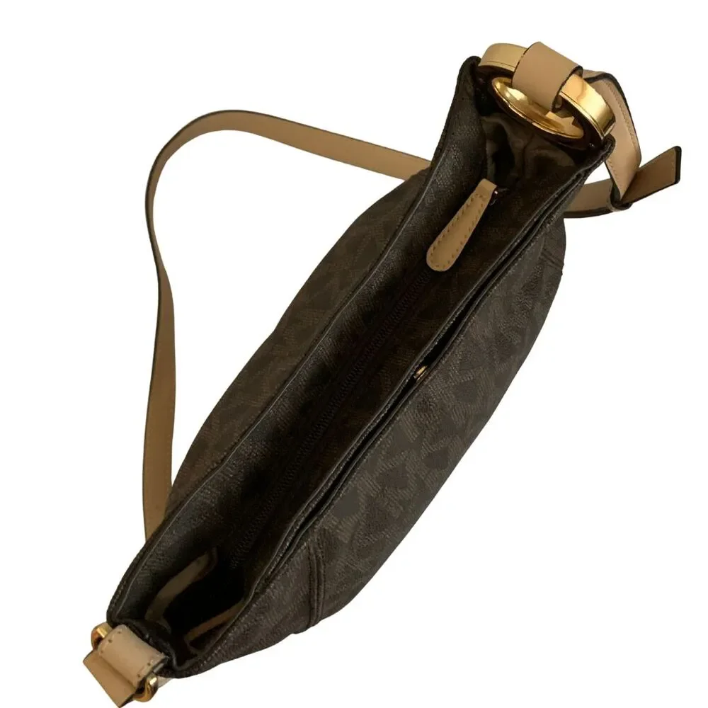 Michael Kors Brown Monogram Crossbody Bag with Gold MK Logo Ring Accent - Picture 8 of 14